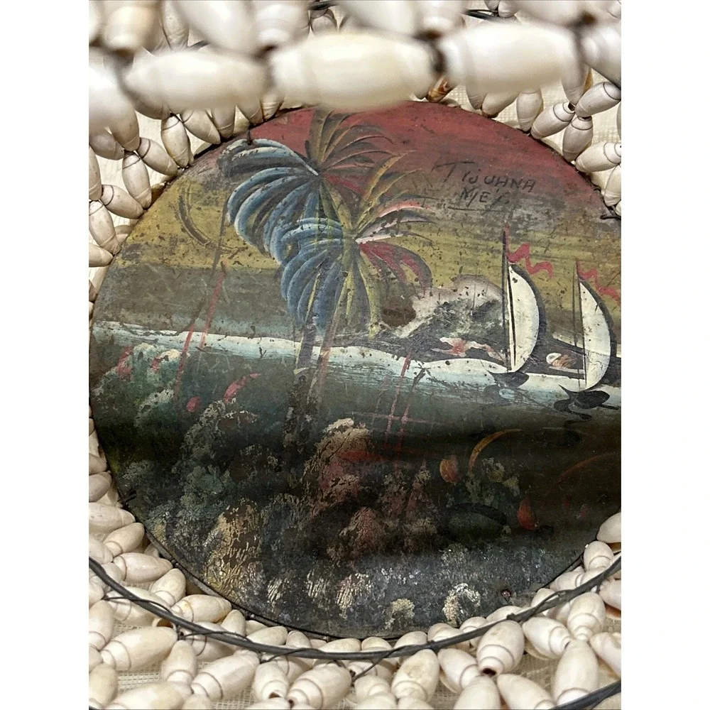 Vintage Antique Snail Shell Basket Souvenir Tijuana Mexico  Hand‎ Painted Metal